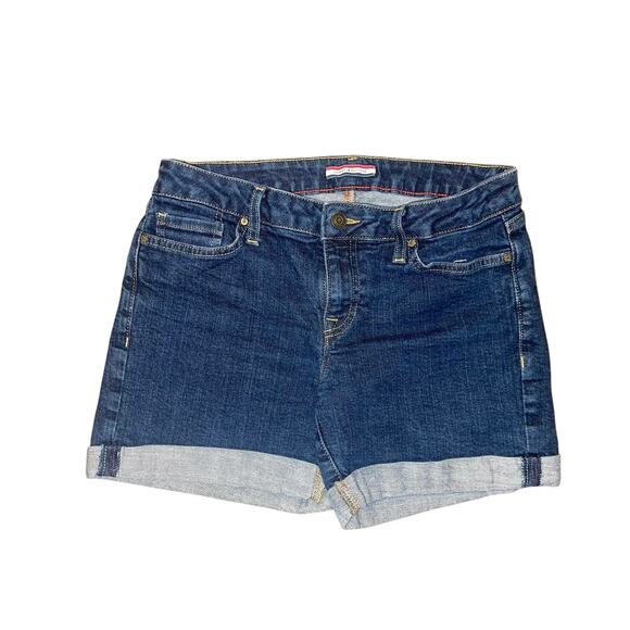 Tommy Hilfiger Mid Rise Denim Jean Shorts Size 4 Cuffed Hem Dark Blue Wash - Picture 1 of 4